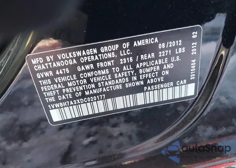 2013 Volkswagen Passat 2.5L Se z USA, uszkodzony, nr VIN 1VWBH7A3XDC020177